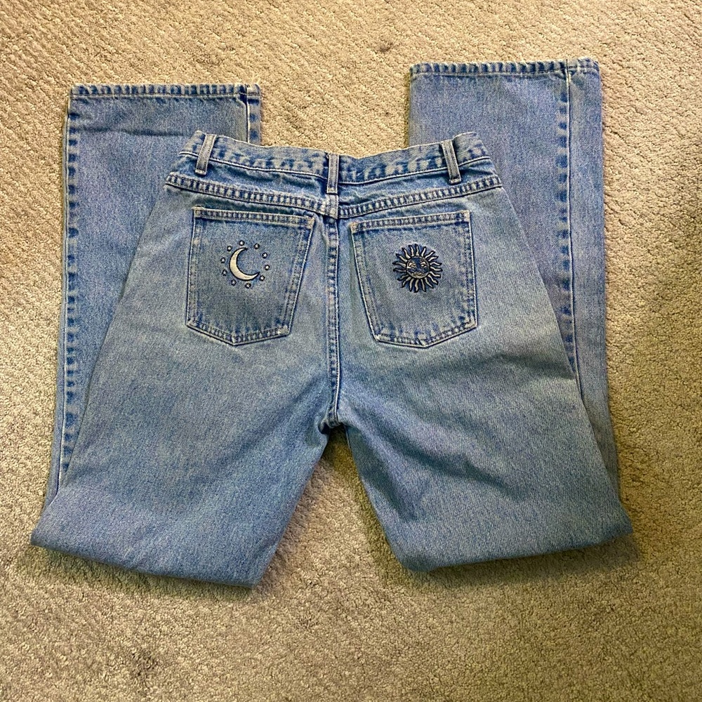 Vintage Distressed Celestial Denim - Sun and Moon Stitching on Pockets